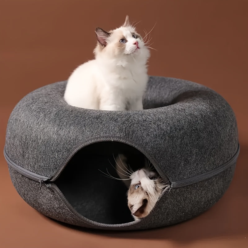 Donut-Shaped Cat Bed with Felt Tunnel and Canvas House for Small to Medium Cats Ferrets and Rabbits