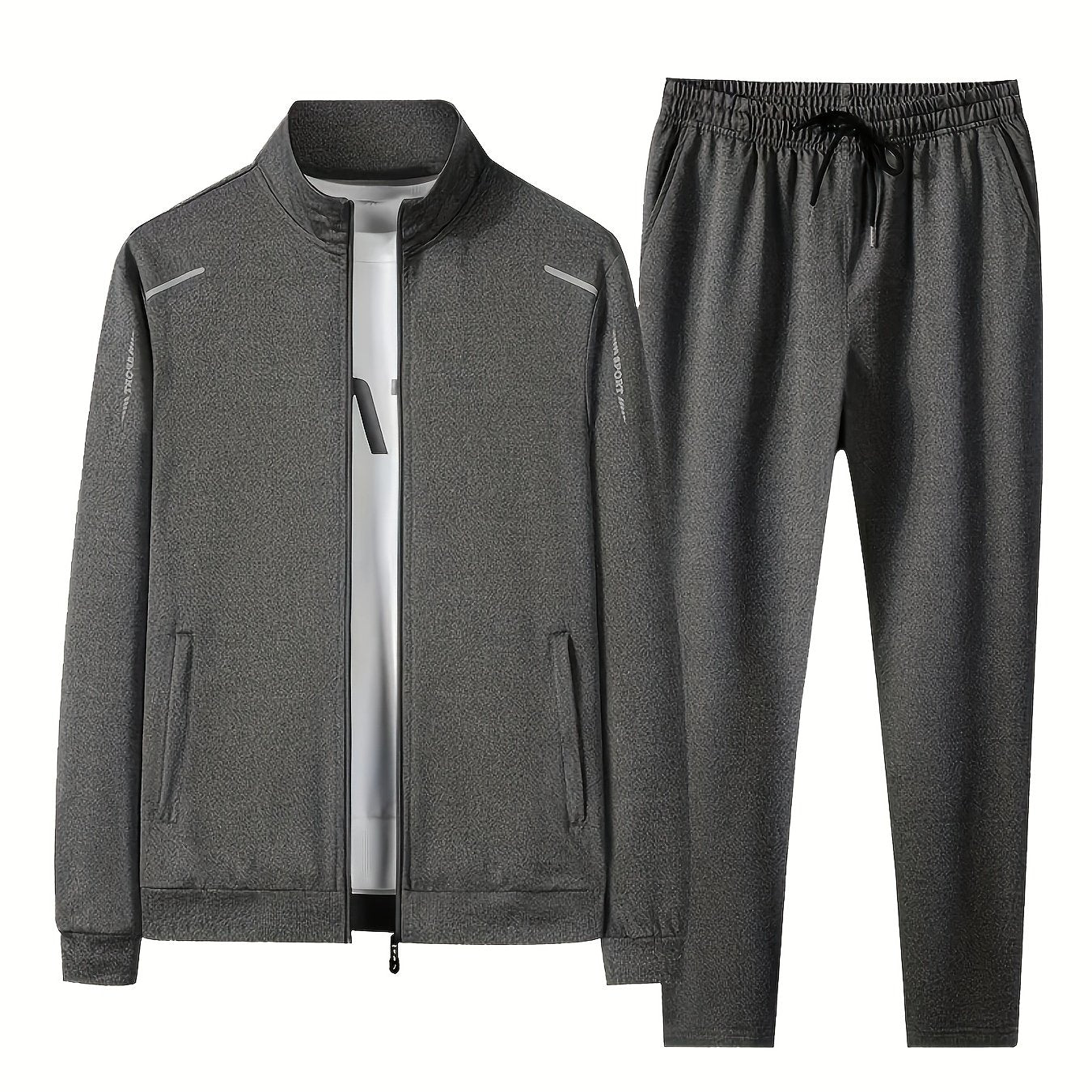 Men's Casual Sportswear Set with Zipper Jacket and Lapel Collar Polyester Knit Fabric