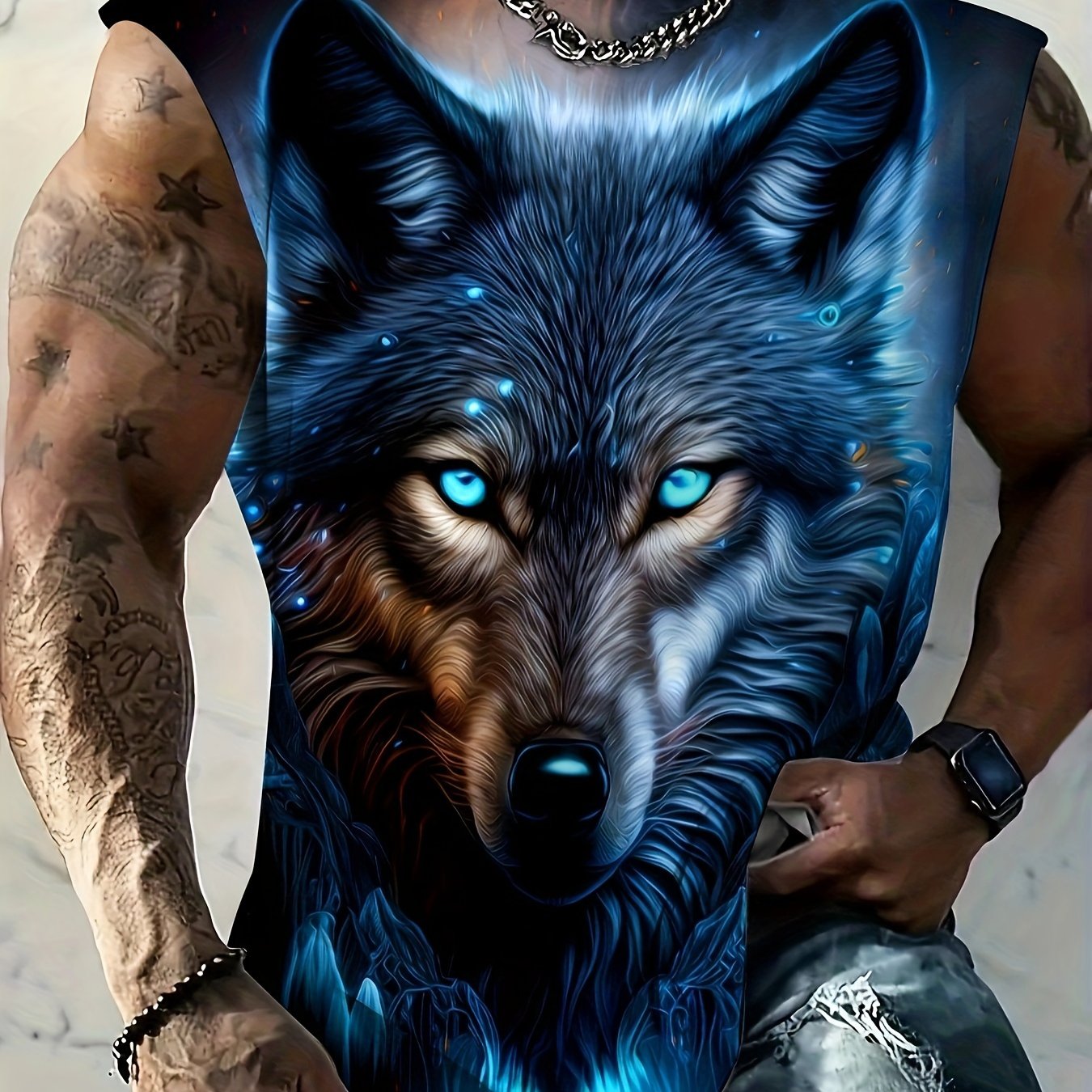 Men's Plus Size Wolf Print Tank Top Breathable Polyester Spandex Summer Fitness