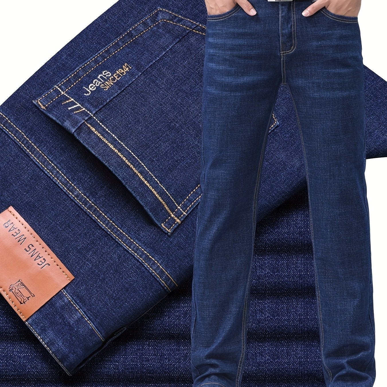 Erkaklar uchun klassik barcha mavsumli denim jinsi shimlar, odatdagi kesim, 50% paxta, 30% polyester, 18.5% viskoza, 1.2% spandeks, bir xil rang, yuvilgan, ozgina cho'ziladigan, fermuarli, 350g/m² mato og'irligi, asosiy.