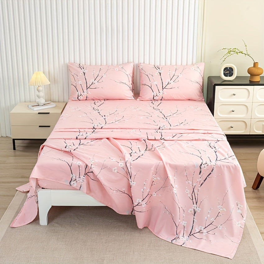 Floral Branch Microfiber Fitted Sheet Set with Deep Pockets and Pillowcases