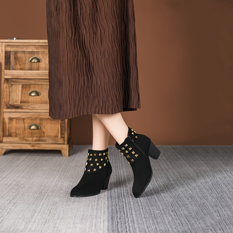 Women Ankle Boots Flannel Solid Color Chunky Block Heel Winter Shoes