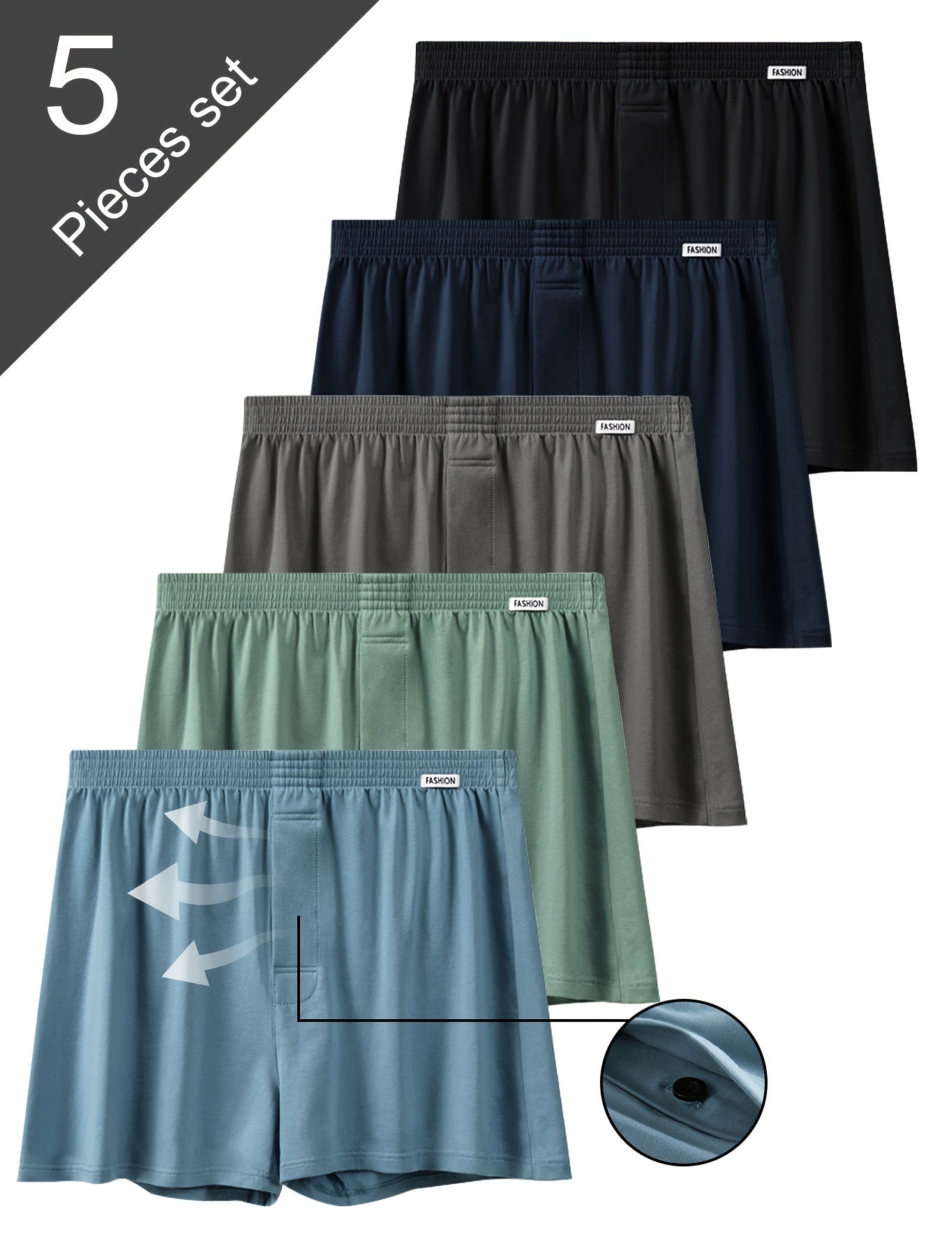Men's Cotton Boxer Briefs 5-Pack Breathable High Stretch Knit Solid Color Loose Fit