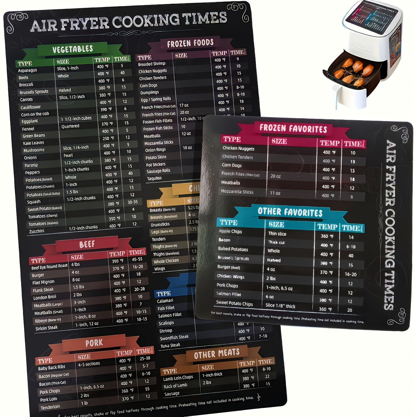 Black Magnetic Air Fryer Cheat Sheets Two-Piece Cooking Times Guide