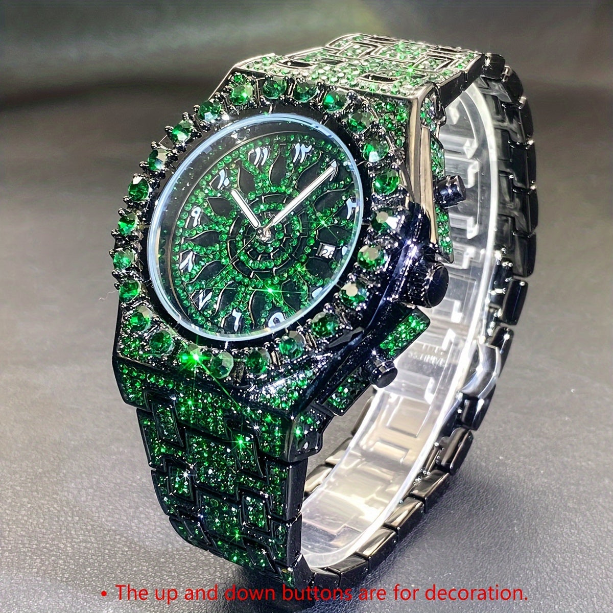 Men's Green Rhinestone Party Watch with Date Quartz Luxury Fashion Clock
