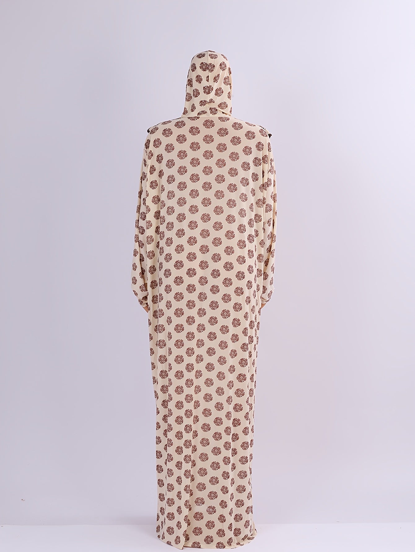 Muslim Abaya Long Sleeve Beige Floral Ruffle Neck Loose Fit All-Season