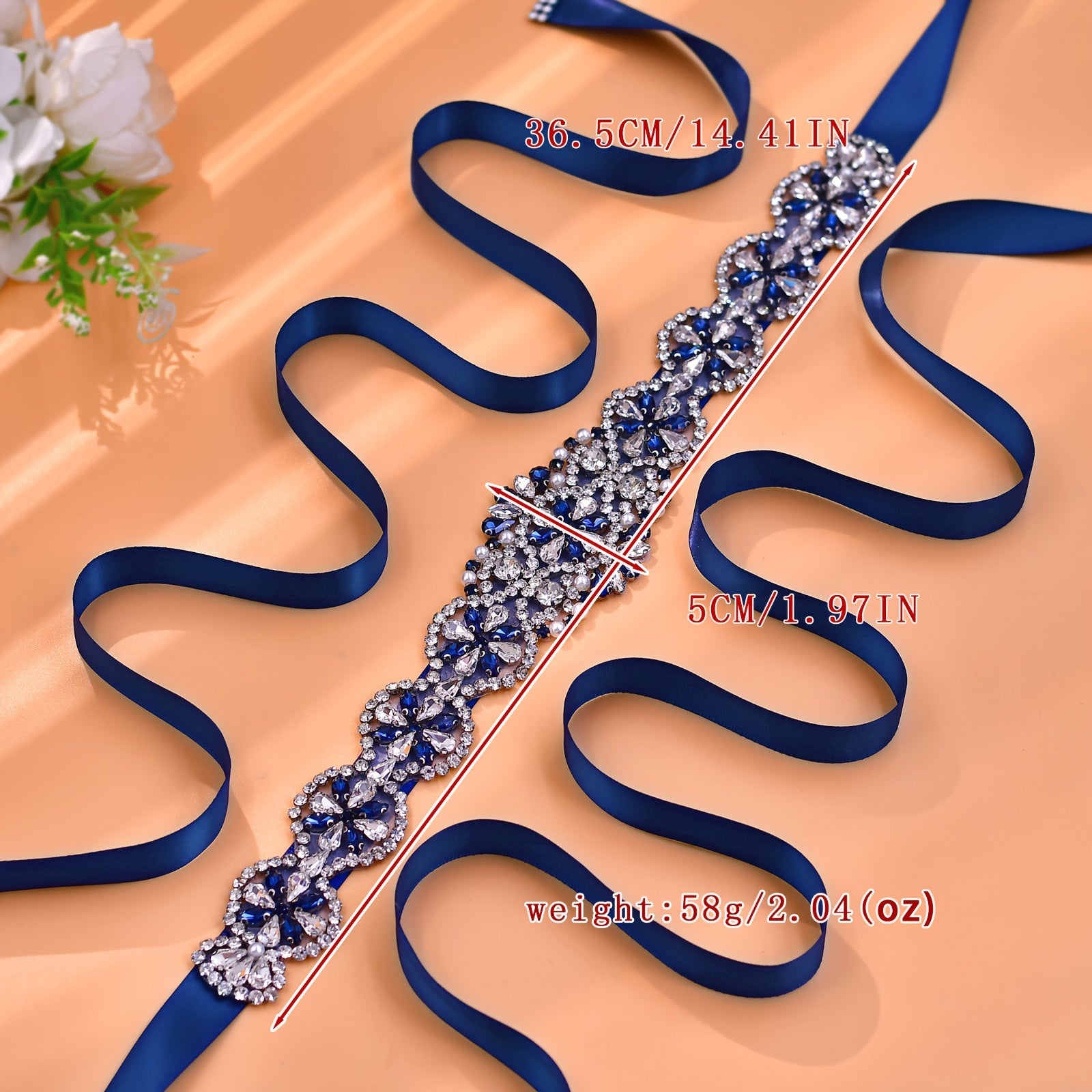 Cinturón de novia azul marino con pedrería y adorno brillante para boda