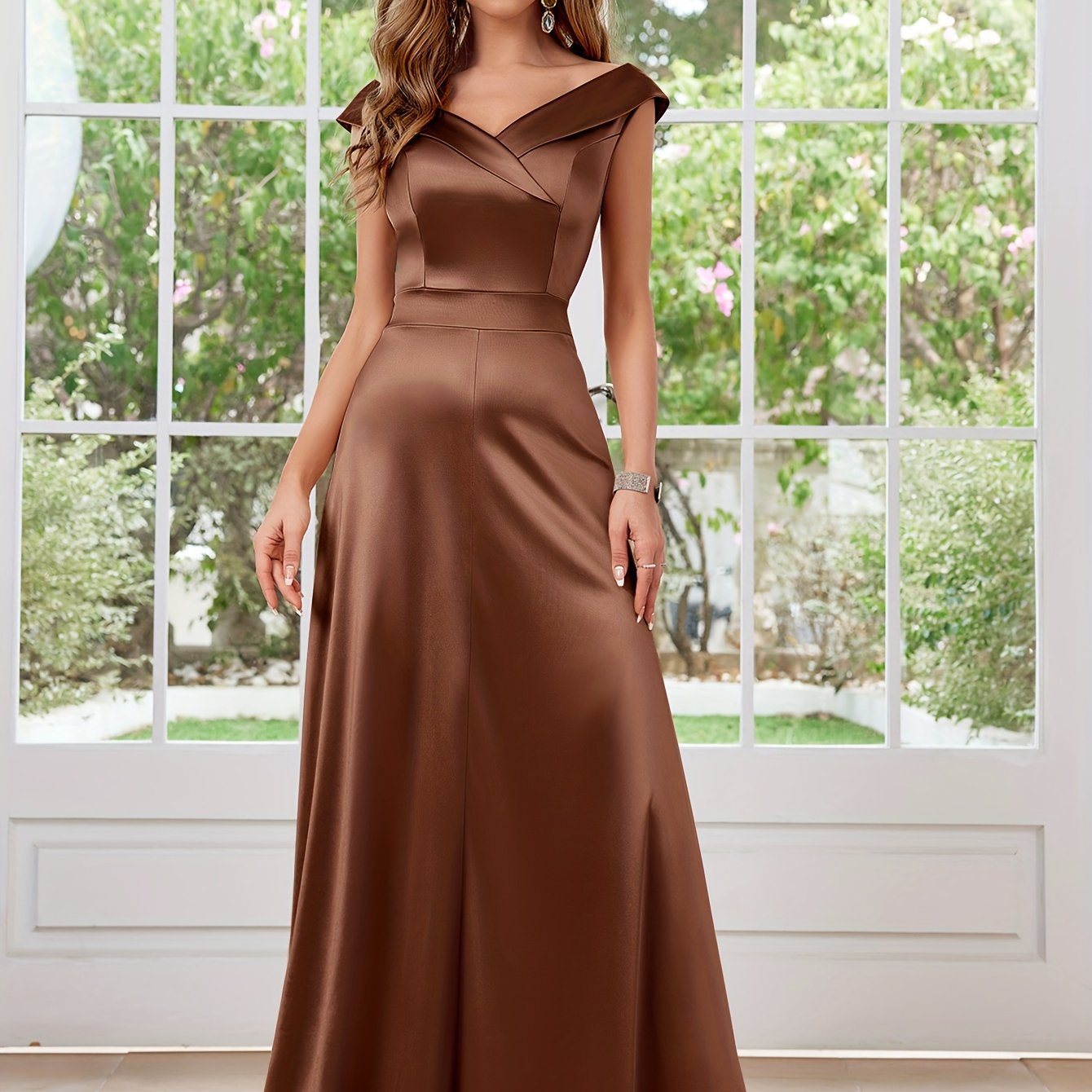 Elegant Satin V-Neck Floor-Length Evening Dress for Women Sleeveless Solid Color Polyester