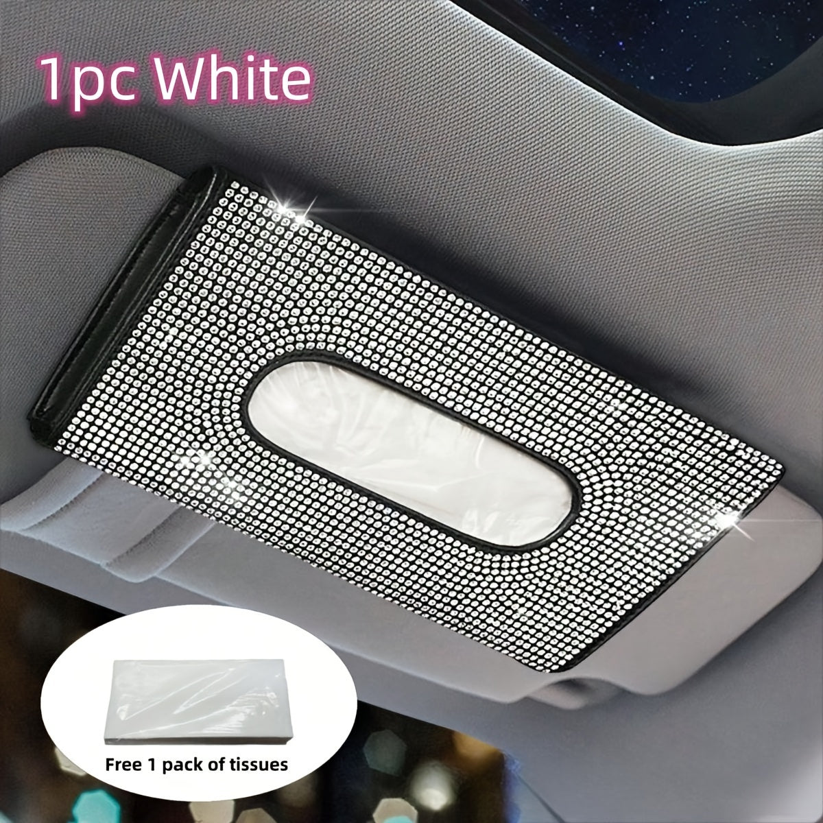 Car Tissue Box with Glitter Rhinestones and PU Leather for Car Sun Visor Storage