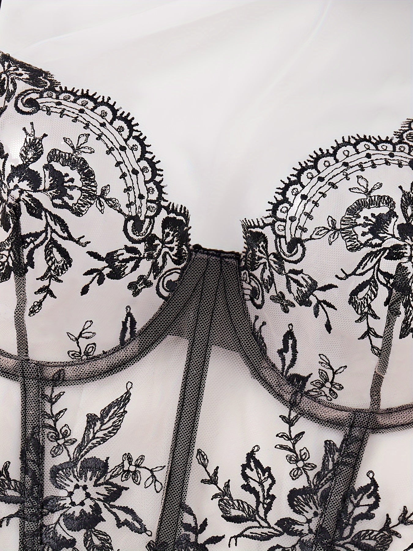 Women's Floral Embroidered Lingerie Set with Semi-Sheer Bustier and Thong