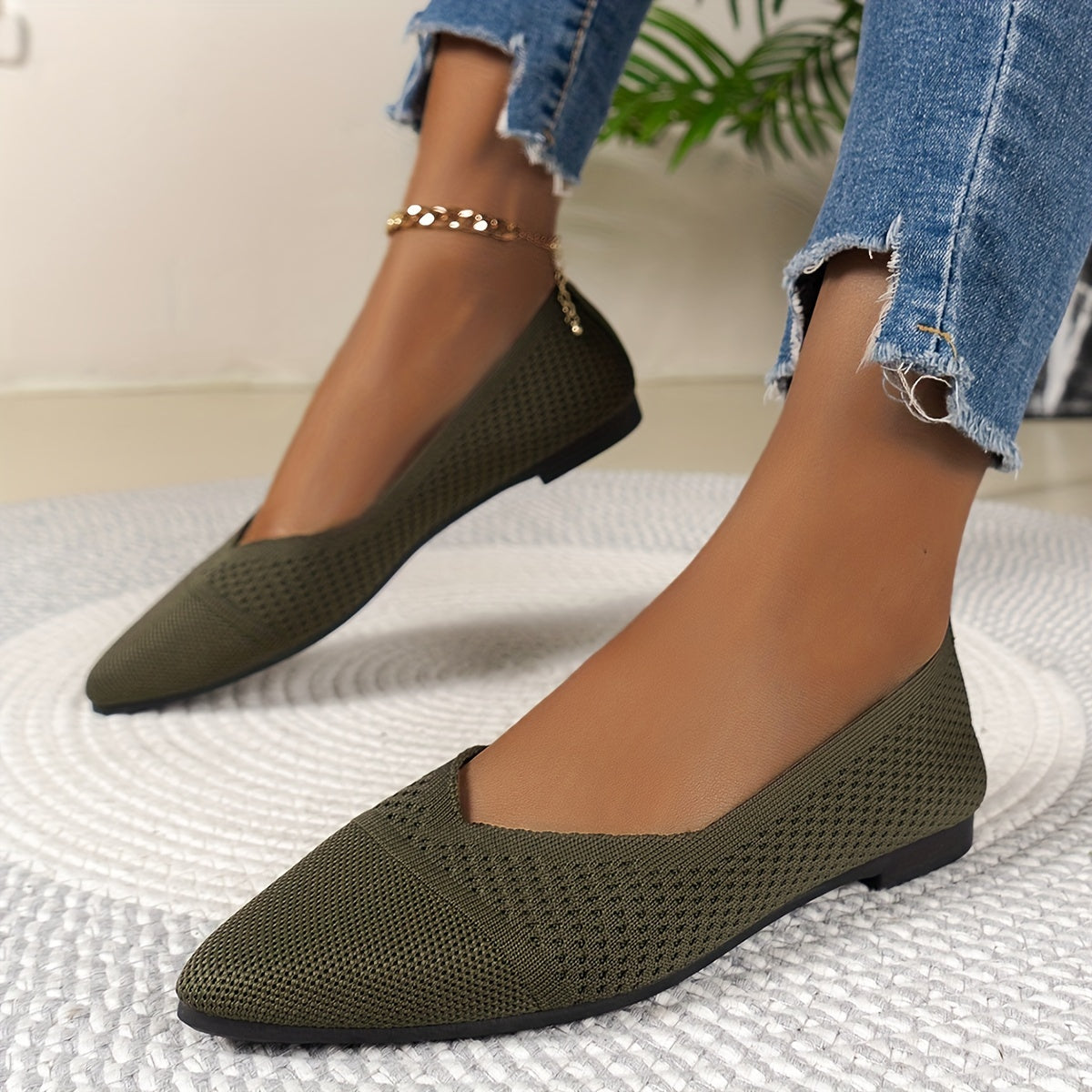 Women's Flat Knit Shoes Casual Pointed Toe Breathable Slip-On Ballet