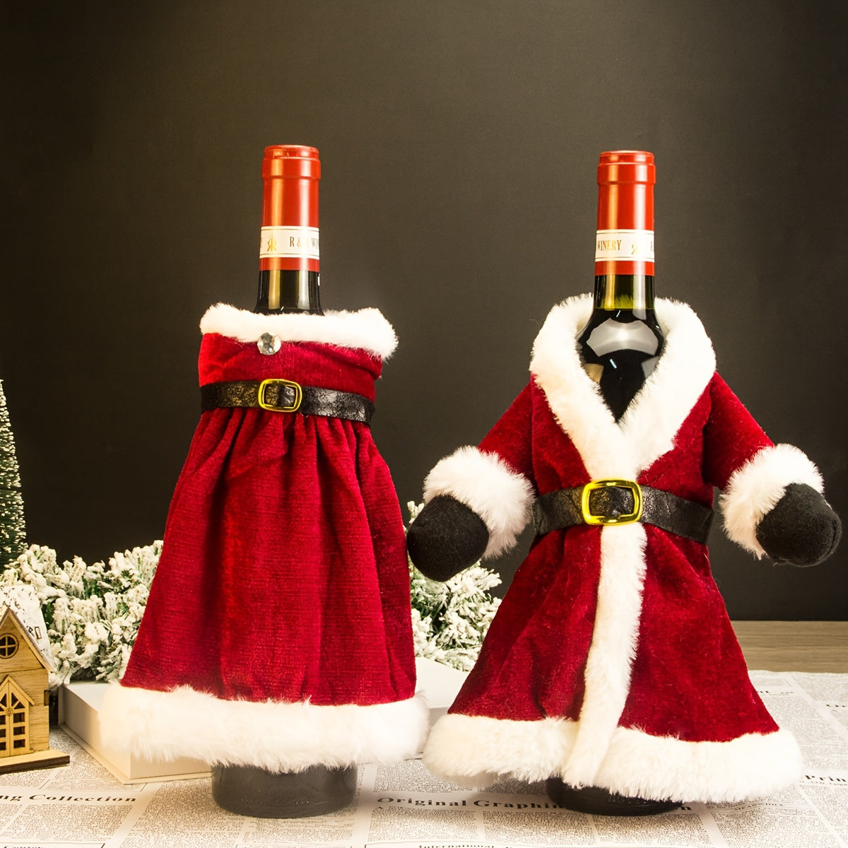 Christmas Holiday Decor Set with Gold Velvet Wine Bottle Cover and Plush Wine Bag