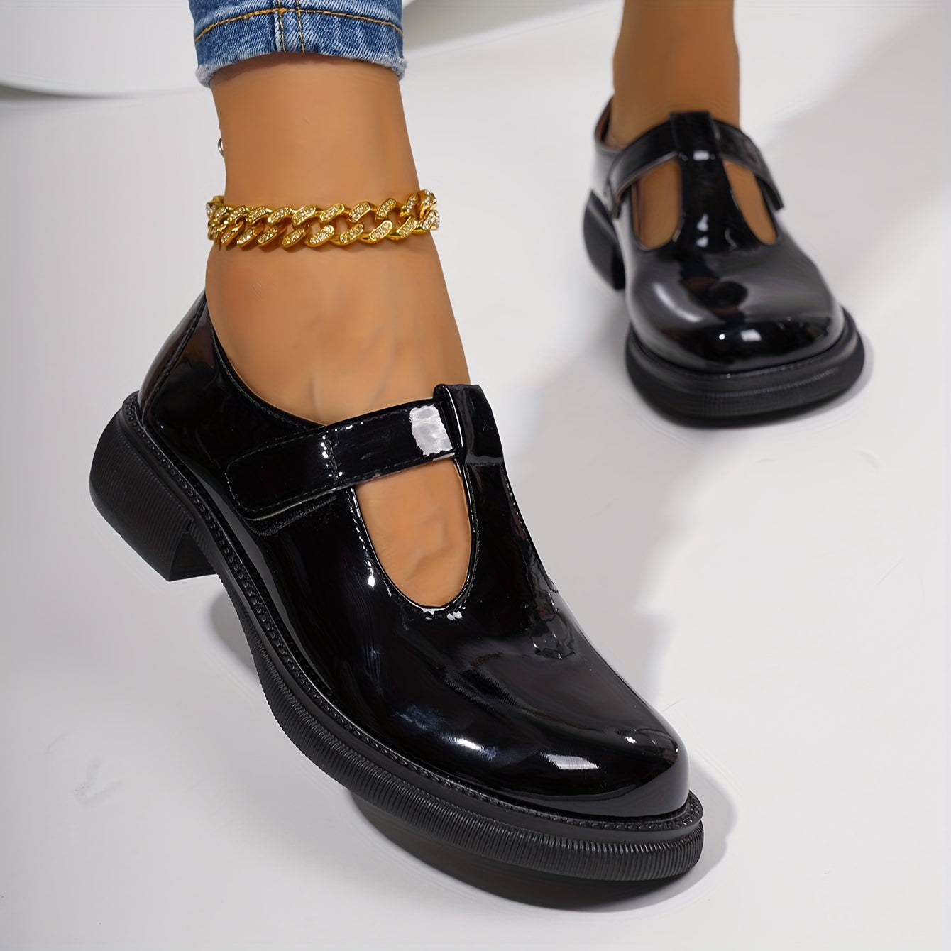 Women's Black Mary Jane Flats Leather Loafers with Round Toe and Rubber Sole