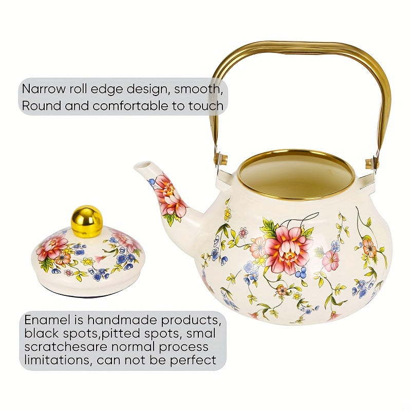 Vintage Enamel Tea Kettle with Gold-Plated Steel Handle 1100W Non-Electric Water Boiler