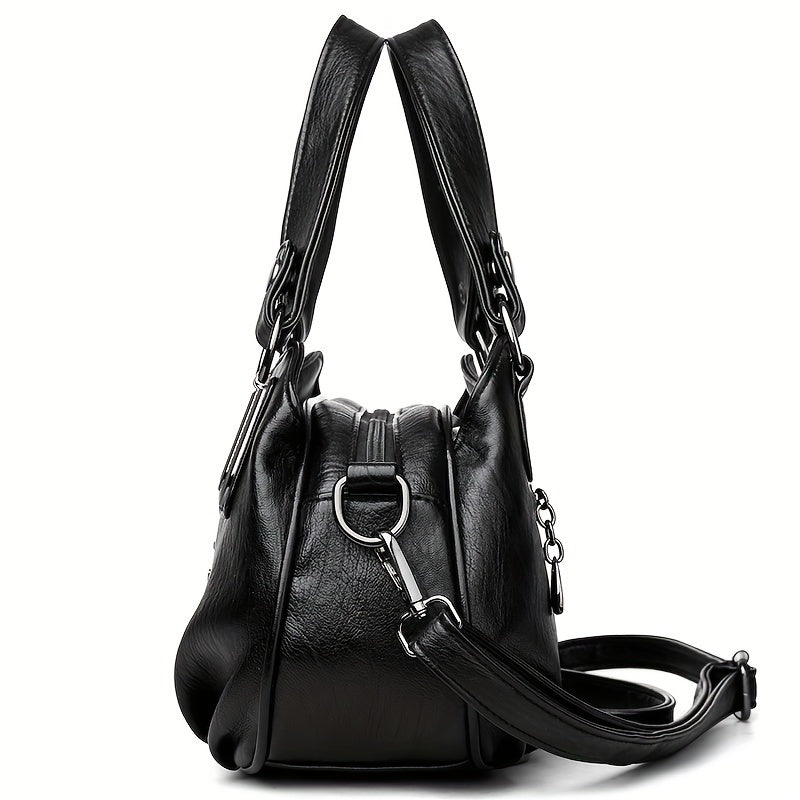 Women's Black PU Handbag with Crossbody and Shoulder Strap