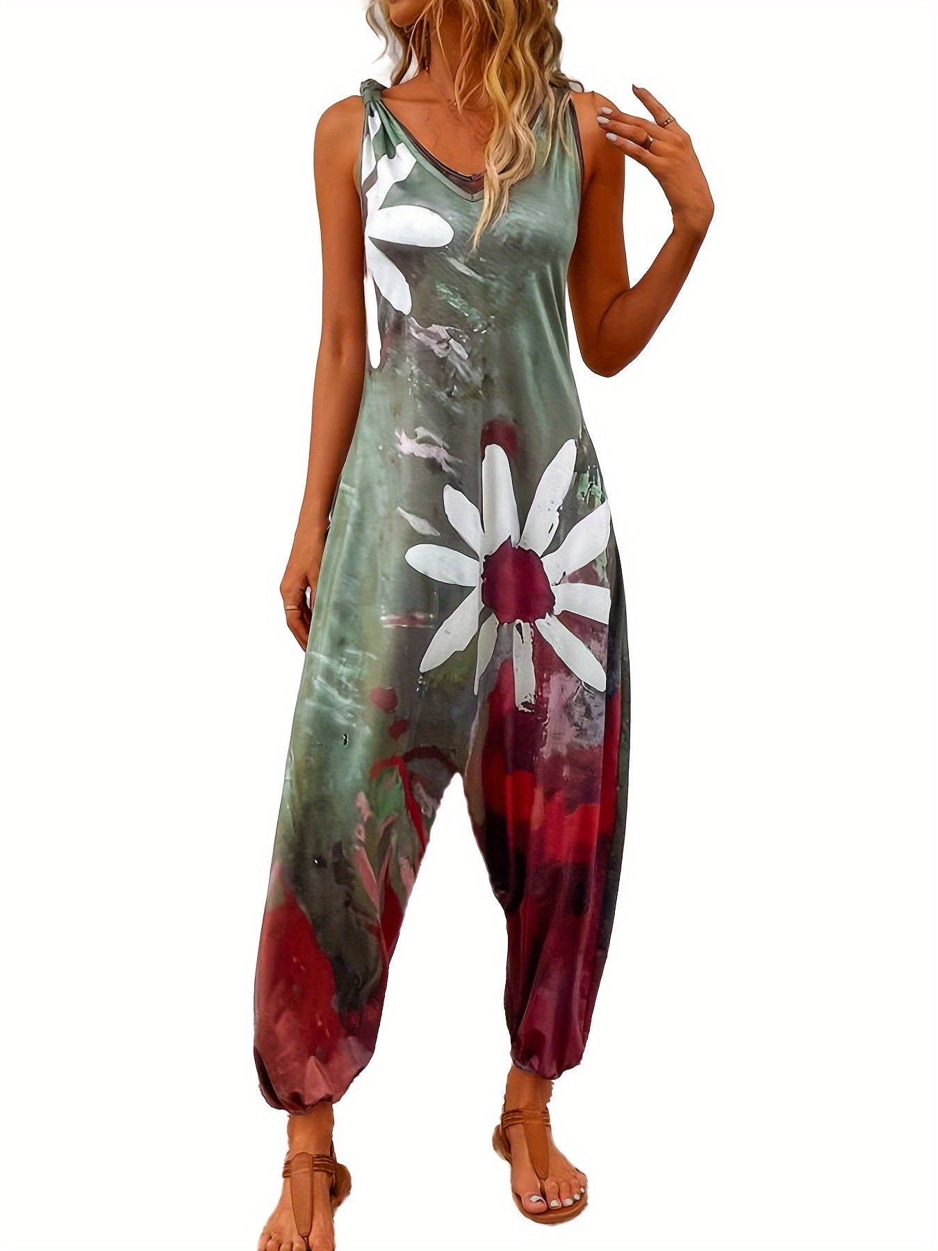 Plus Size Casual Floral Print V-Neck Jumpsuit for Women