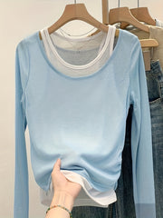 Women's Black and White Color Block Long Sleeve Top for Fall 2024 Slim Fit Knit Fabric