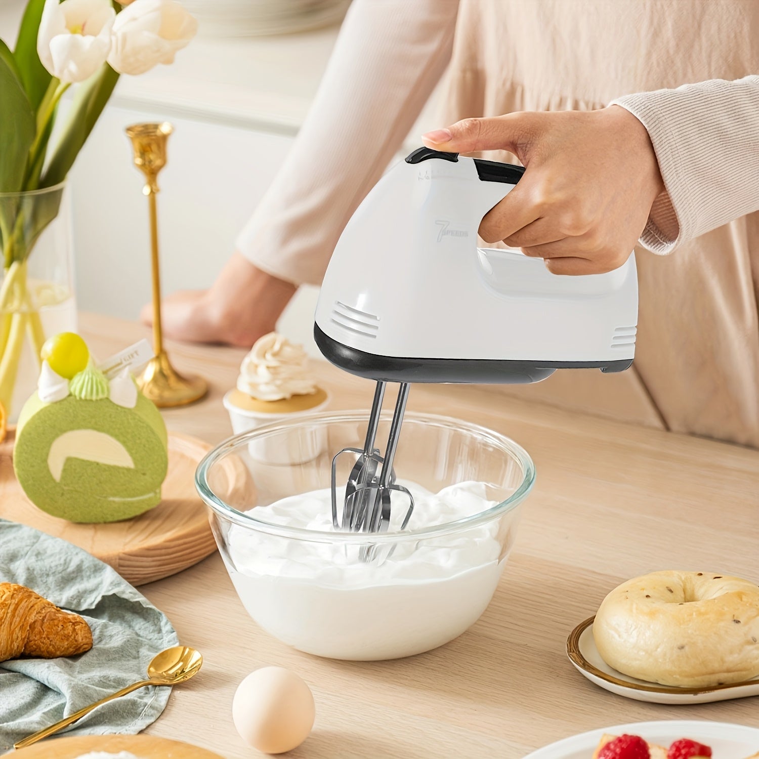 Electric Handheld Mixer Stainless Steel 15-Speed Portable Kitchen Appliance