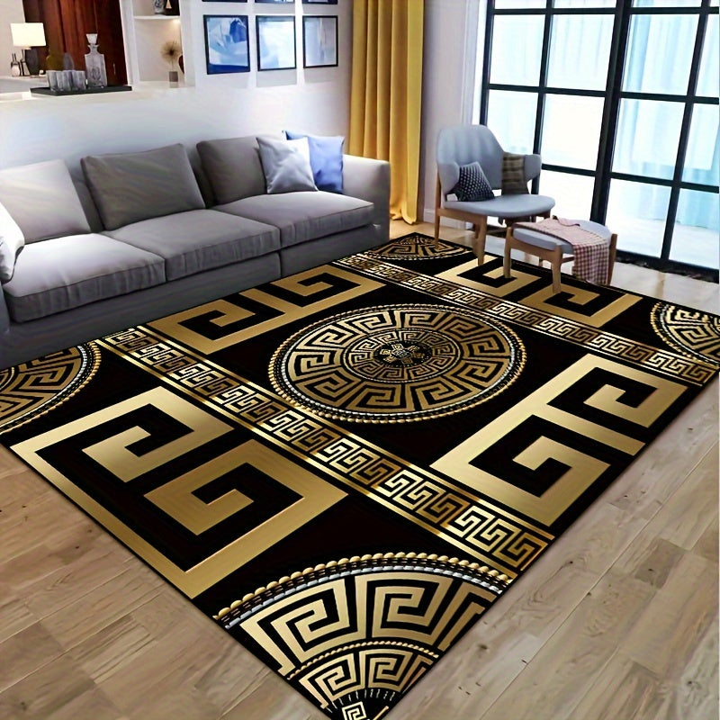 Gold Lettering Swirling Disc Pattern Rug Plush Anti-Skid Easy-Care Polyester Mat for Living Room Bedroom Outdoor