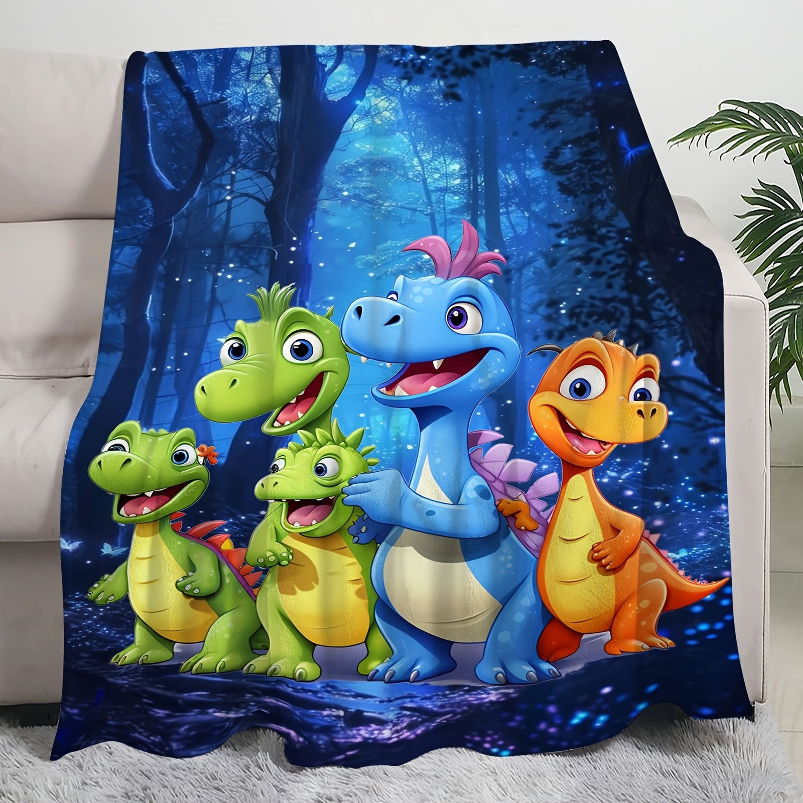 Dinosaur-Inspired Flannel Throw Blanket with Digital Print Knitted Polyester All-Season Lightweight