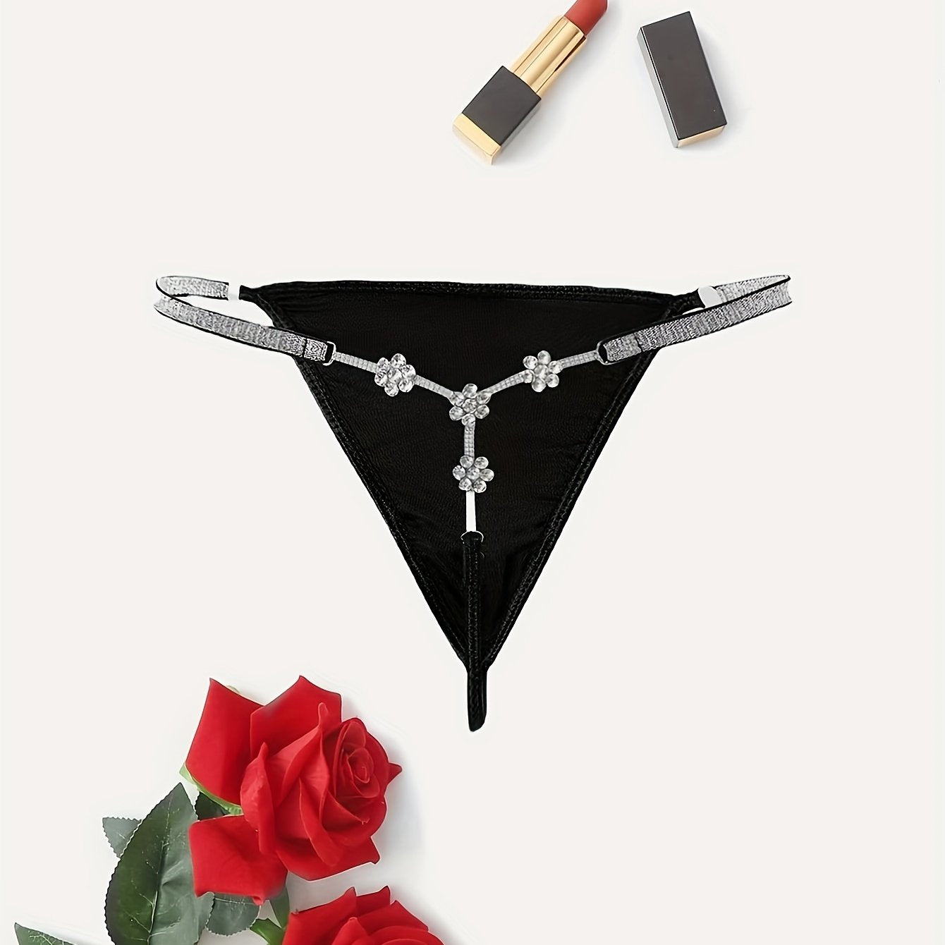 Plus size ayollar uchun gul motifli rhinestone bilan bezatilgan string thong ichki kiyim