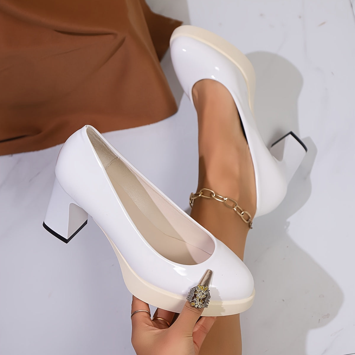 Women's White Black Platform High Heels 7cm Mary Jane Shoes for Work