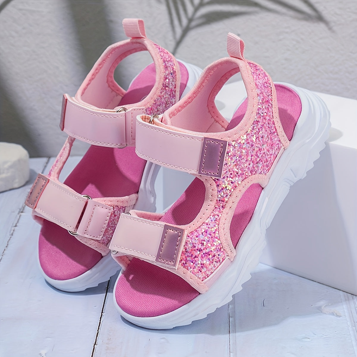 Girls Pink Glitter Sandals Lightweight Breathable EVA Sole Adjustable Straps for Summer Casual Wear