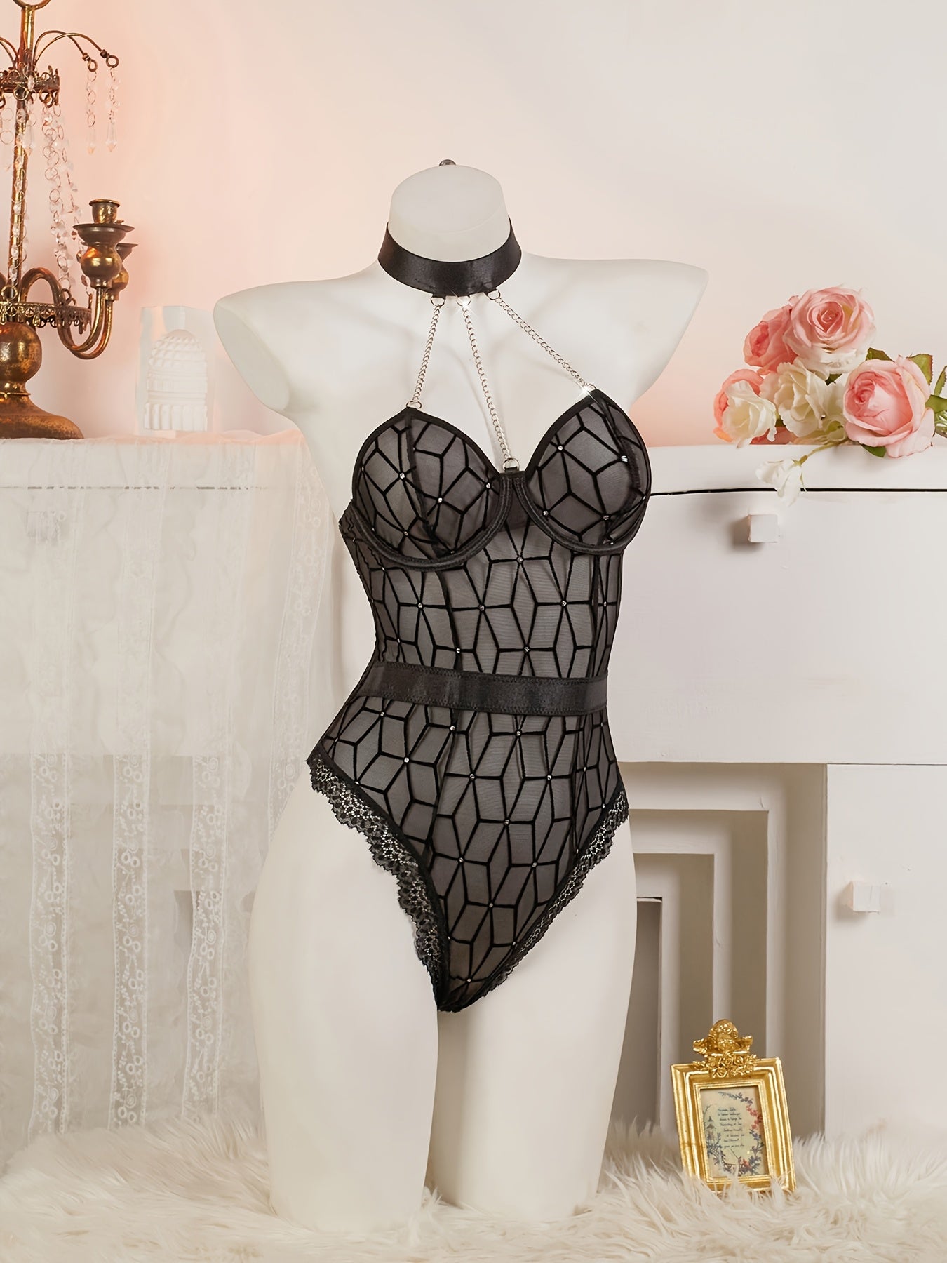 Body de corsé de poliéster a cuadros para mujer con detalle de cadena de metal