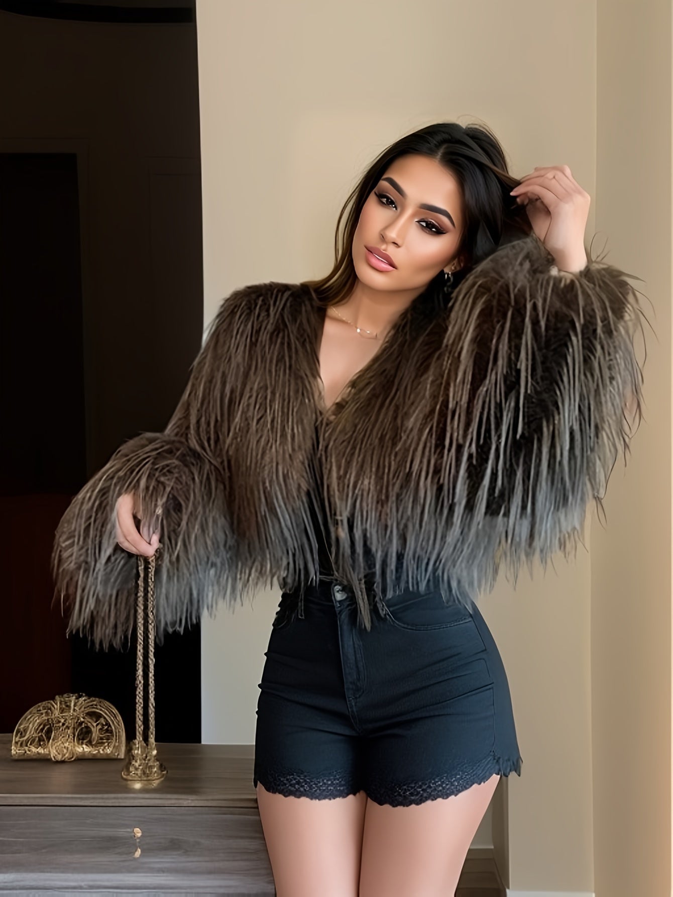 Women's Faux Fur Short Coat Solid Color Long Sleeve Fall Winter Elegant Polyester