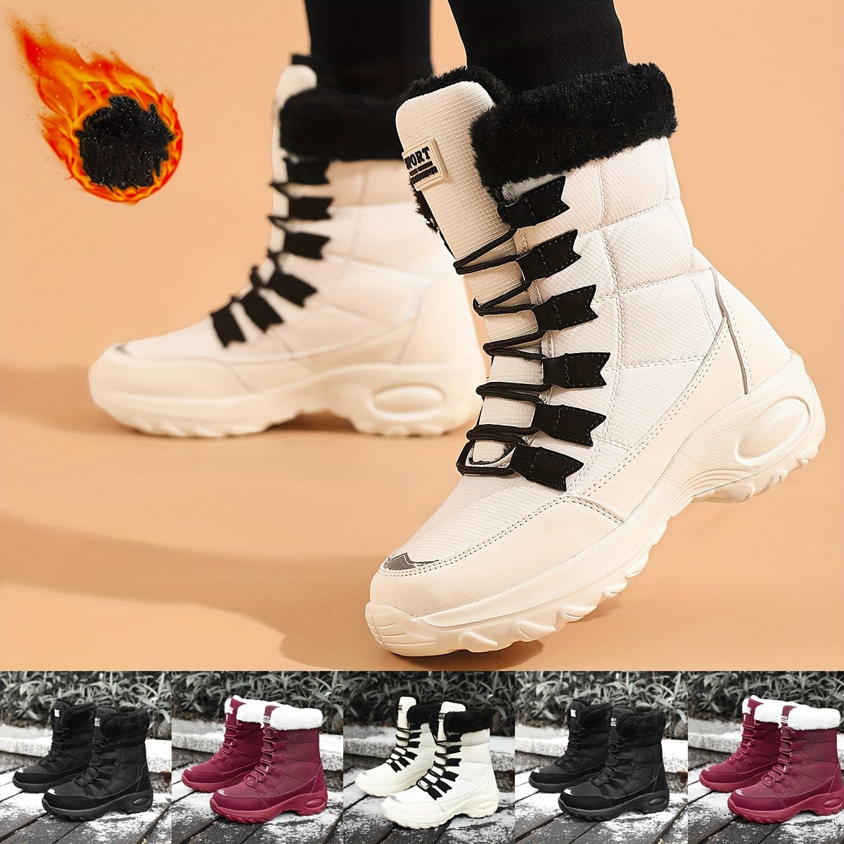 Women's Plush Lined Mid-Calf Snow Boots Casual Winter Lace-Up Black White