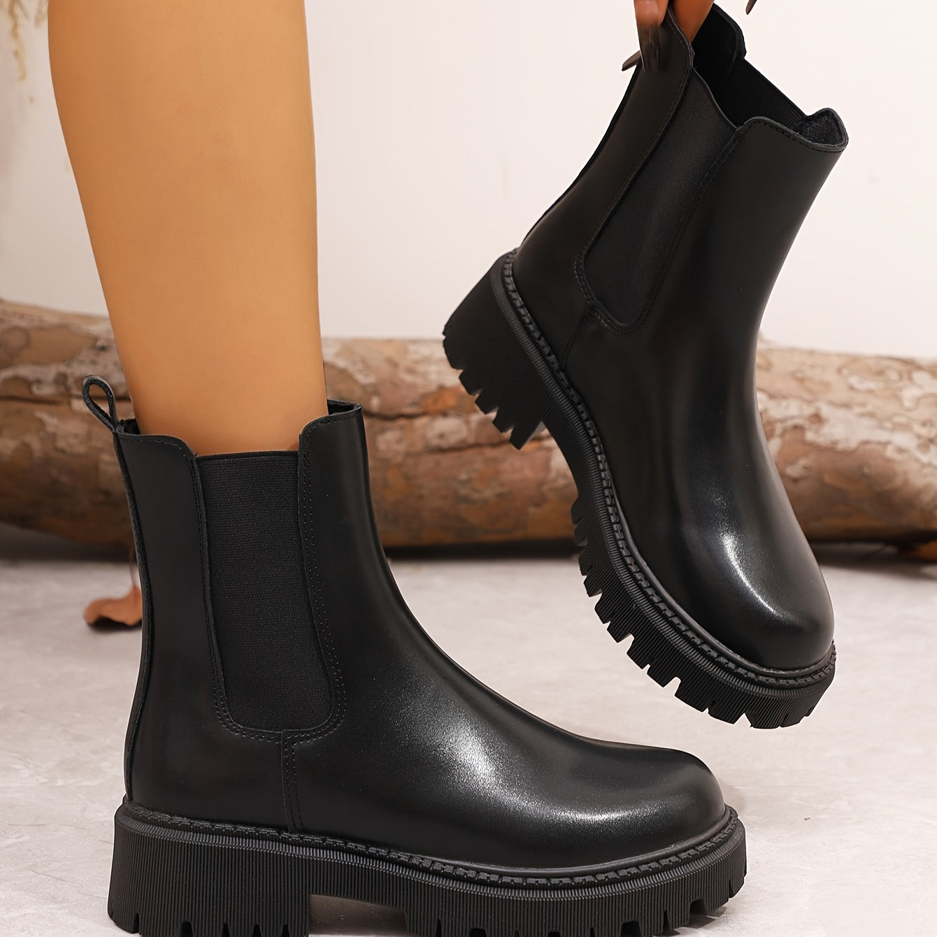 Women's Faux Leather Chunky Sole Mid-Calf Ankle Boots with Low Heel