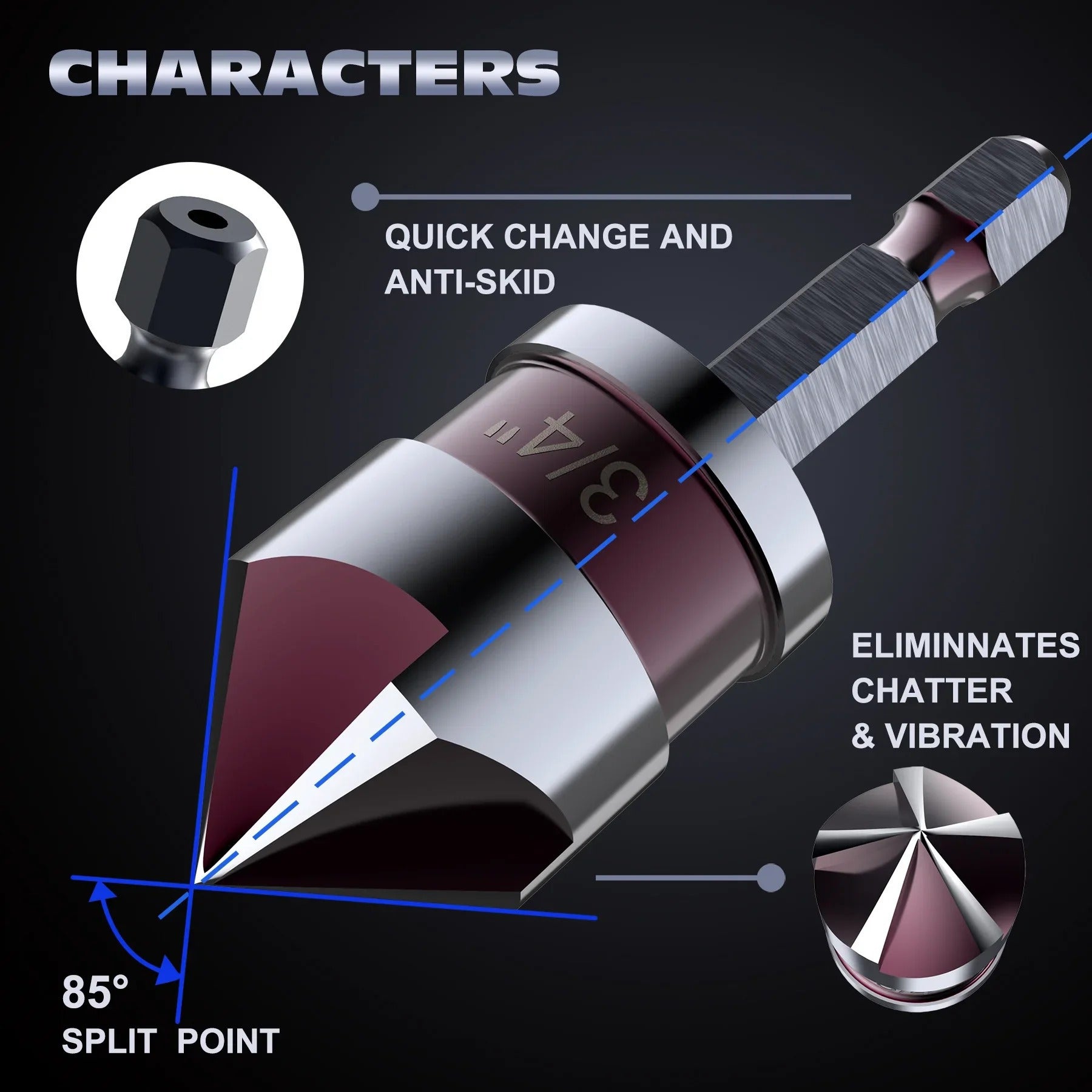 5-Piece Cobalt Countersink Drill Bit Set 82° Angle 1/4" Hex Shank for Metal Wood Plastic