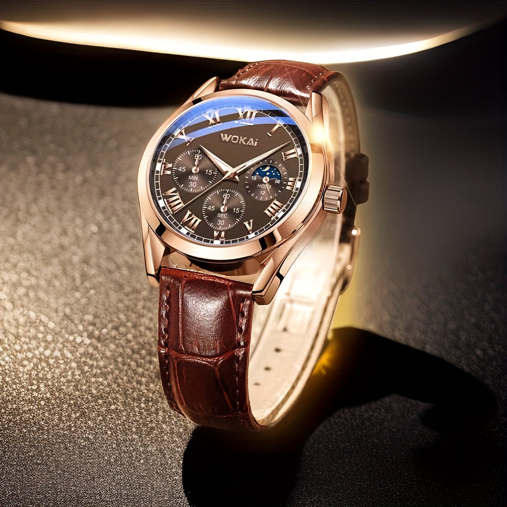 Men's Business Watch Sports Design Quartz Movement Synthetic Leather Band Durable Alloy Casing