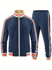 Conjunto de chándal casual para hombre de poliéster, azul marino con rayas beige, para otoño e invierno, actividades al aire libre