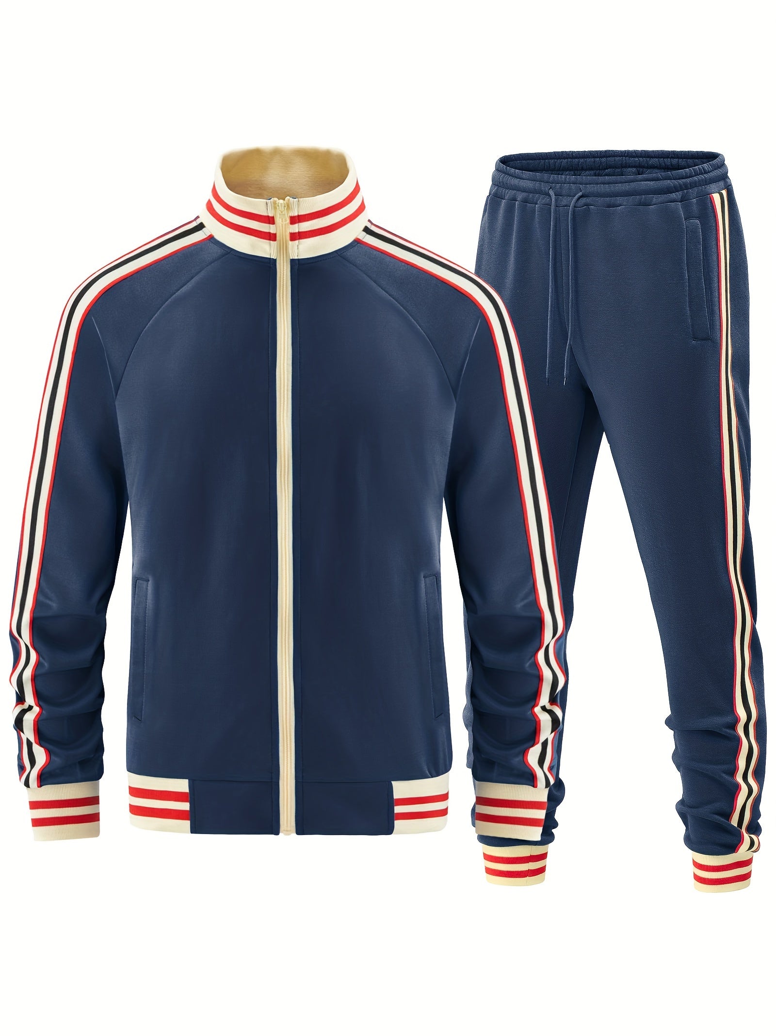 Conjunto de chándal casual para hombre de poliéster, azul marino con rayas beige, para otoño e invierno, actividades al aire libre