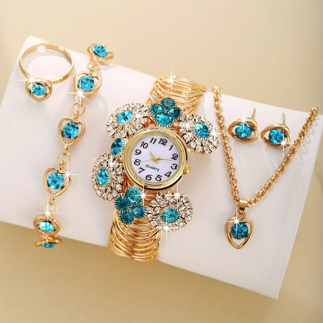 Women’s Rhinestone Quartz Watch Set with Jewelry Bracelet and Cuff in Boho Style