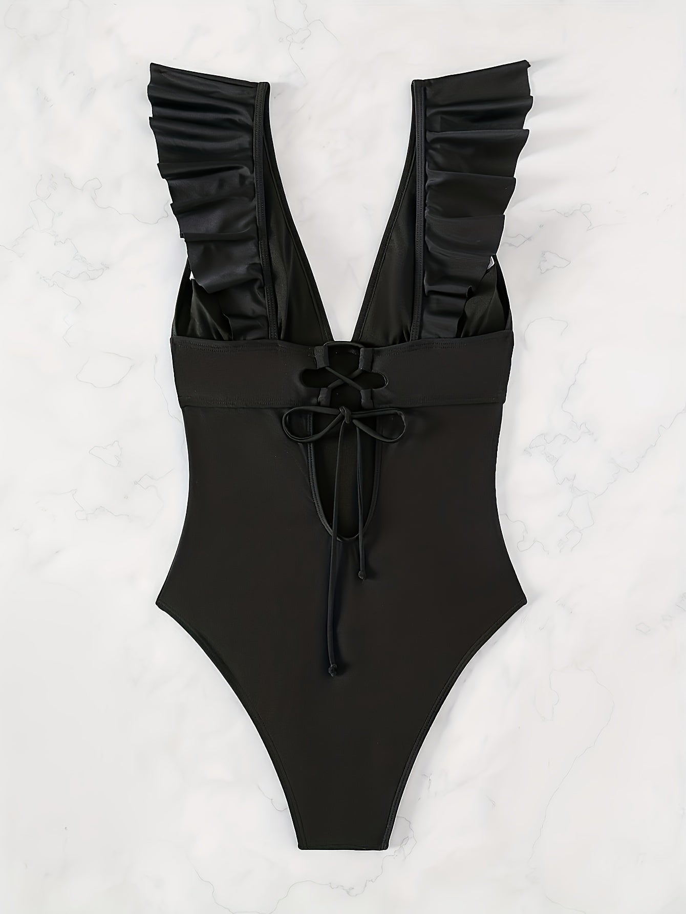 Women's Red One-Piece Swimsuit V-Neck Ruffled High Stretch Removable Pads