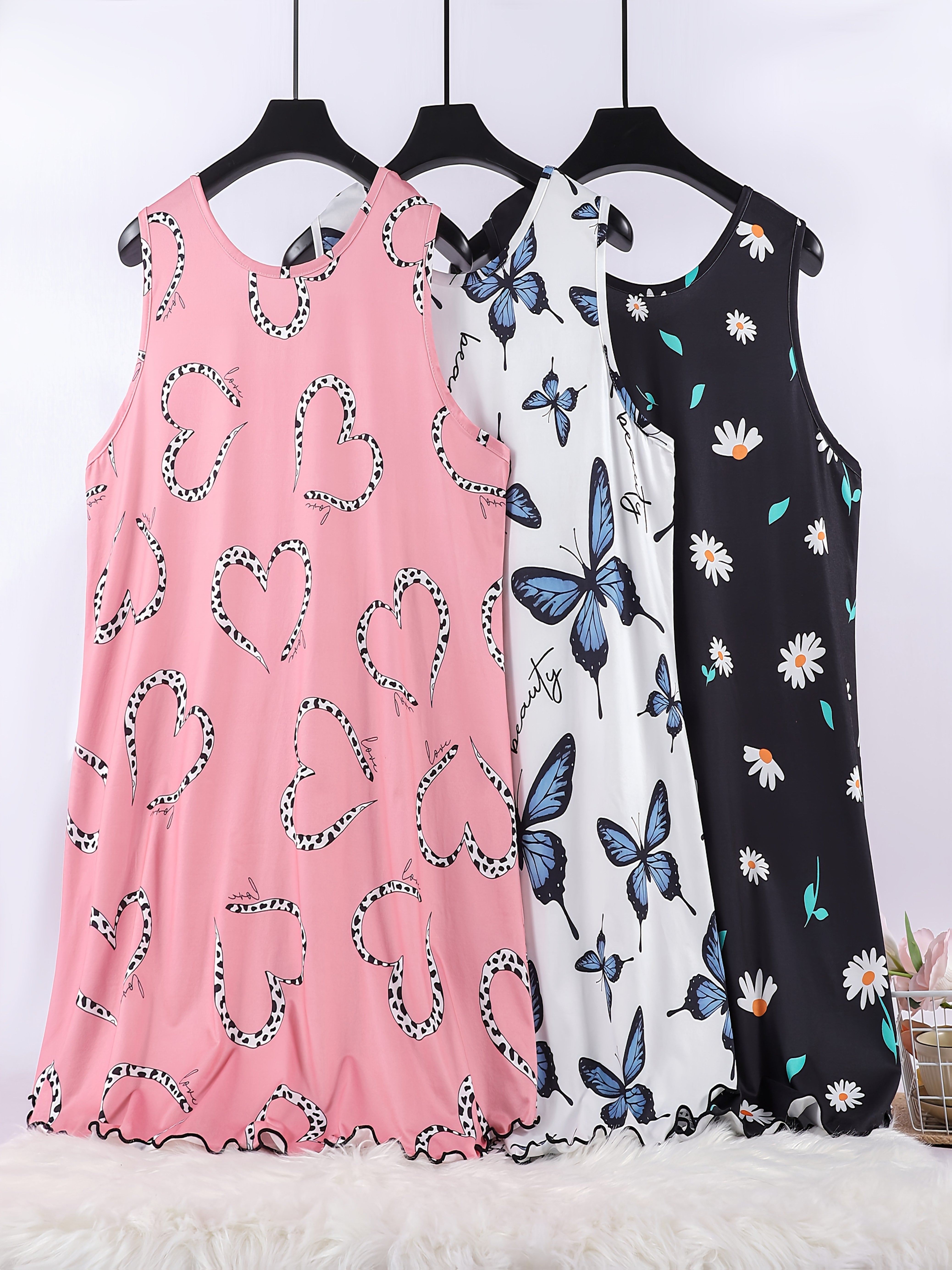 Women's Sleeveless Nightgowns 3-Pack Summer Sleepwear Plus Size Floral Butterflies