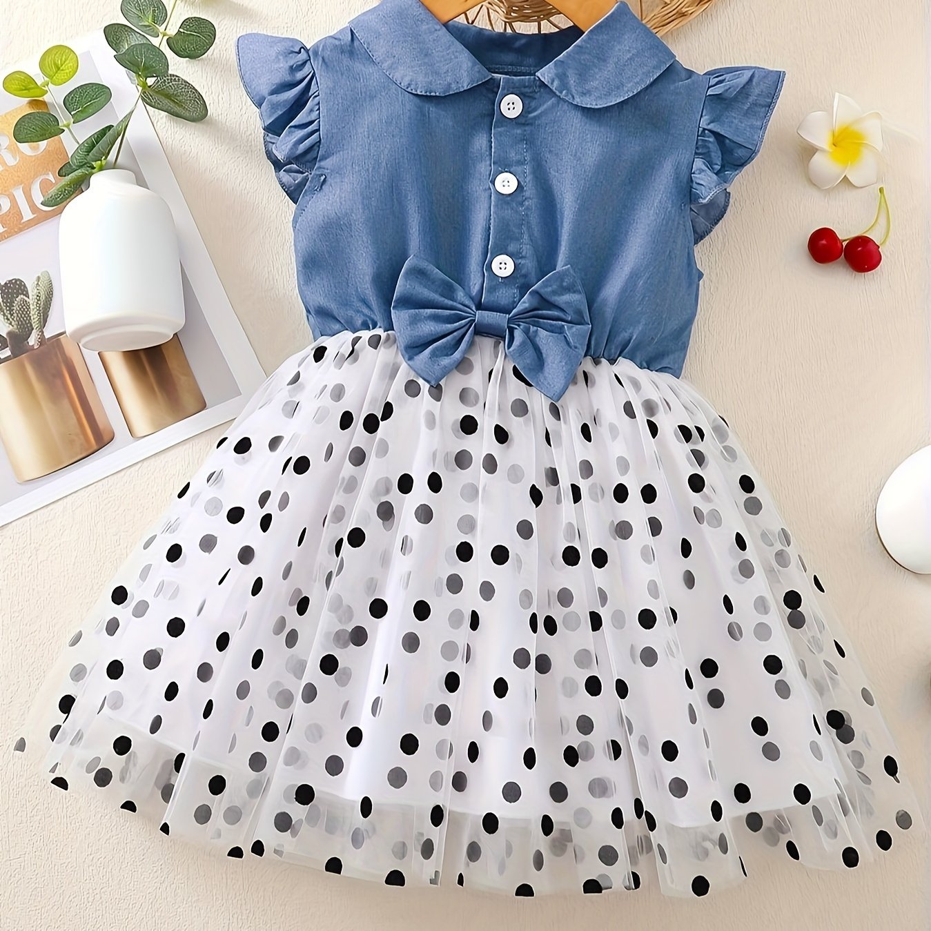 Girls Summer Cotton Dress with Polka Dots and Imitation Denim Print