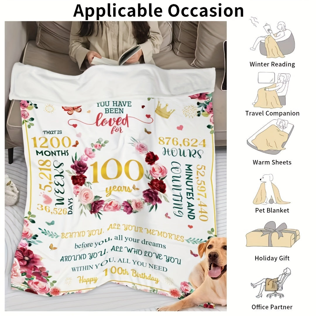 Floral 100th Birthday Blanket for Elderly Women Fleece Throw All-Season Cozy