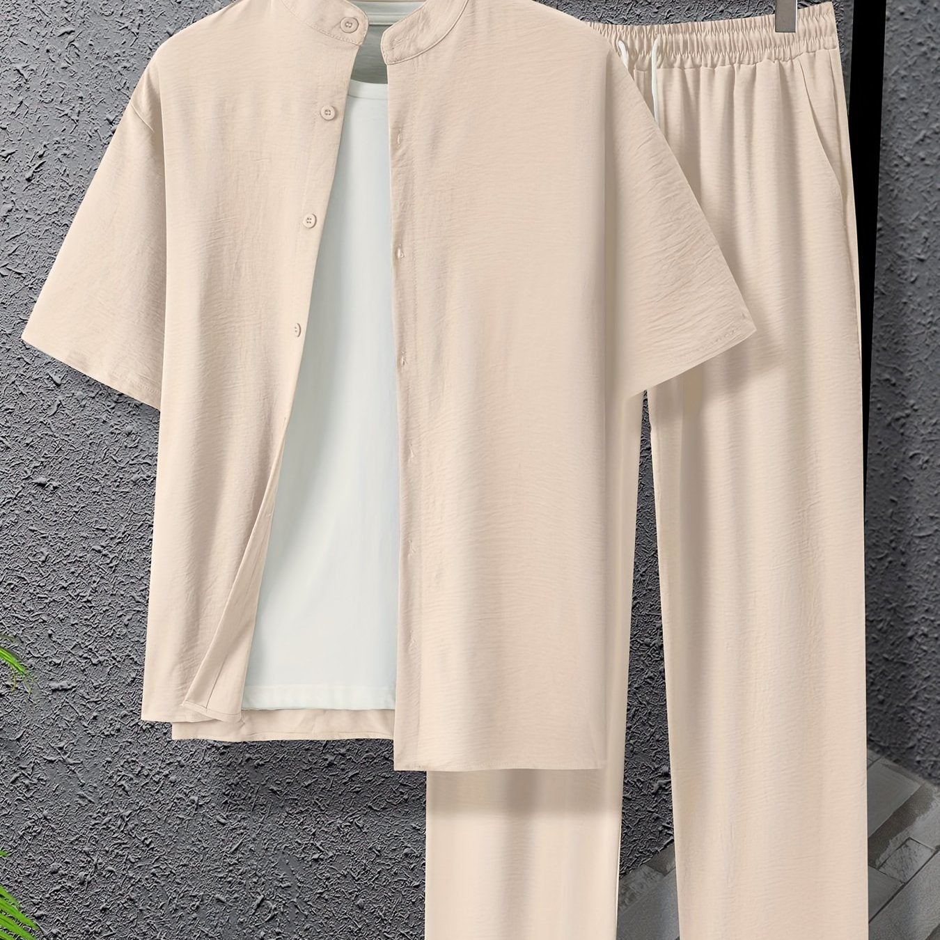 Conjunto de camisa de botones con cuello band y pantalones con cordón de talla grande para hombres, ideal para deportes y ocio