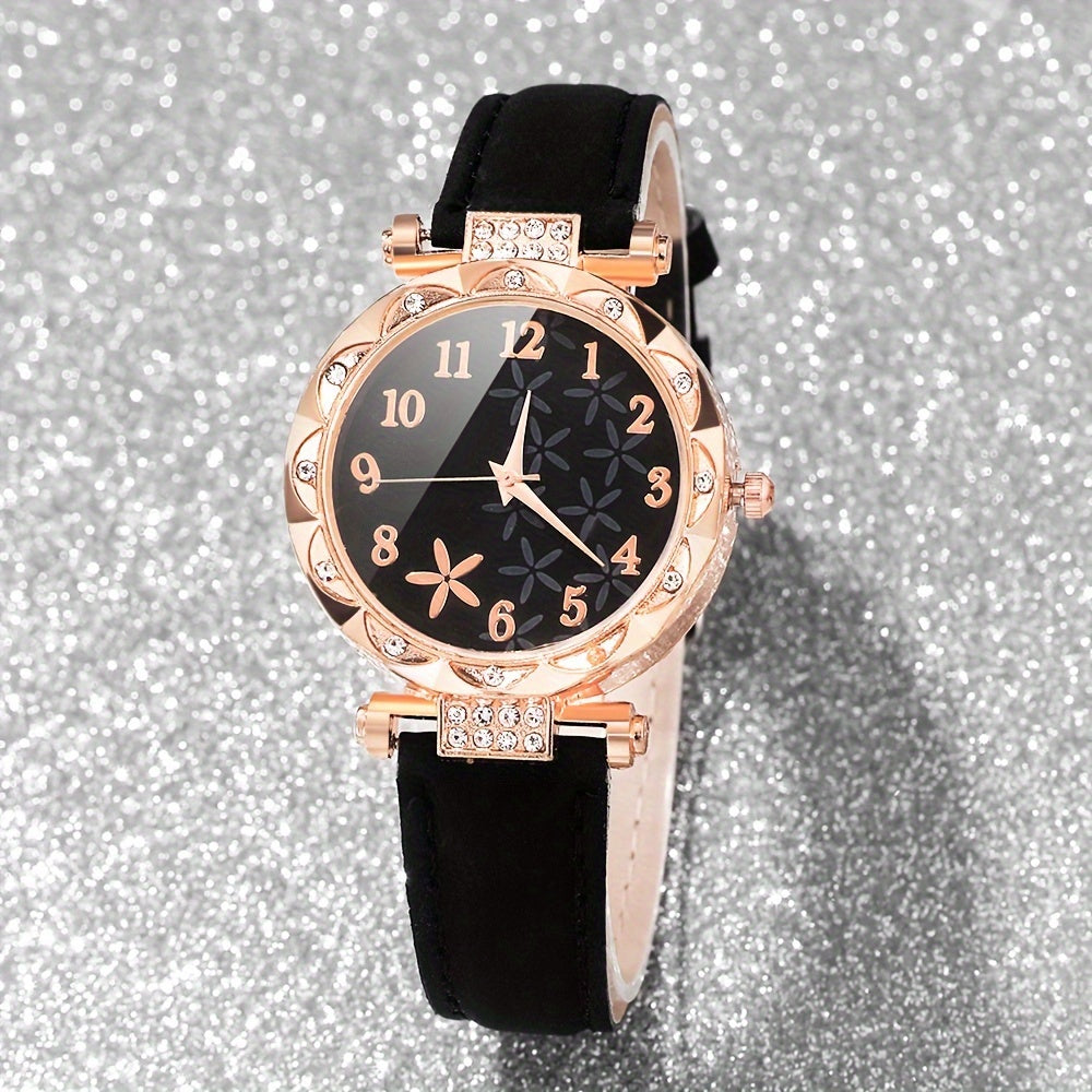 6 ta ayollar moda soatlari va bilakuzuklar to'plami, kvarts, rhinestone, sun'iy charm, gulli qobiq bilan