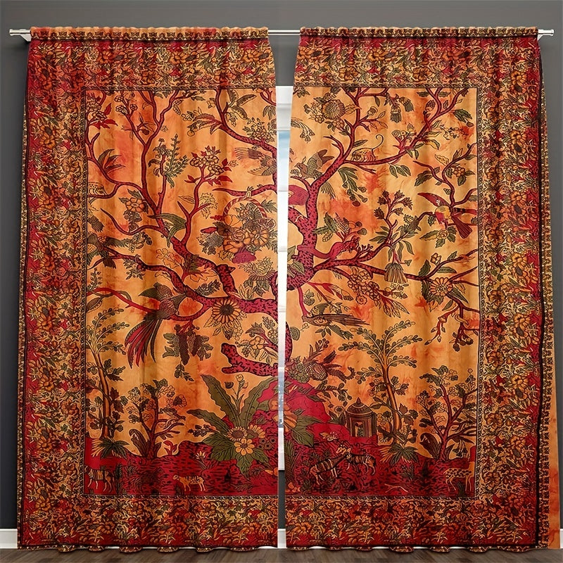 Set of 2 Boho Hippie Window Curtains with Life Tree Design for Bedroom Living Room Dorm