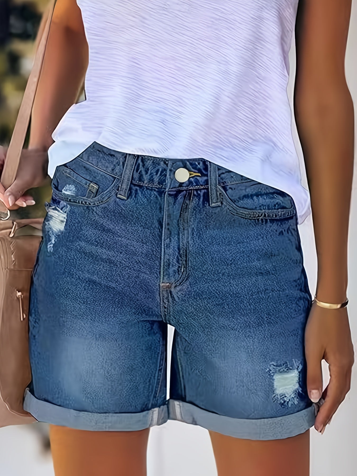 Plus-Size Women's Denim Shorts Ripped Curled Hem Blue Slim-Fit