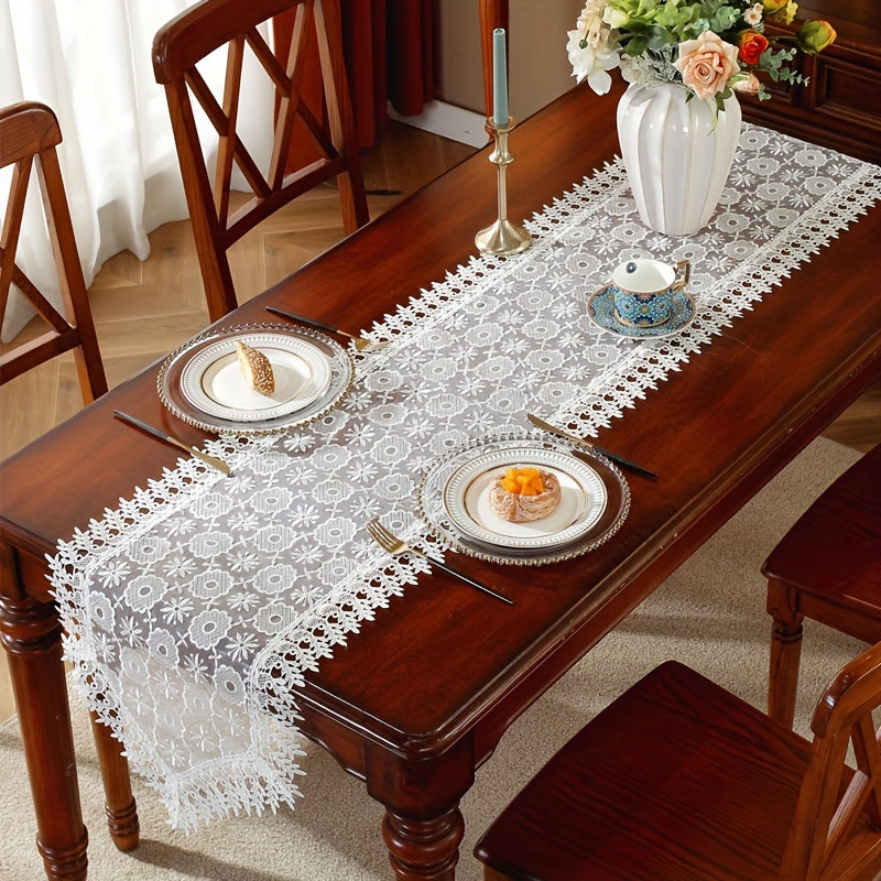 Polyester Table Runner with White Embroidery Flowers and Lace Edge for Dining or Room Decor