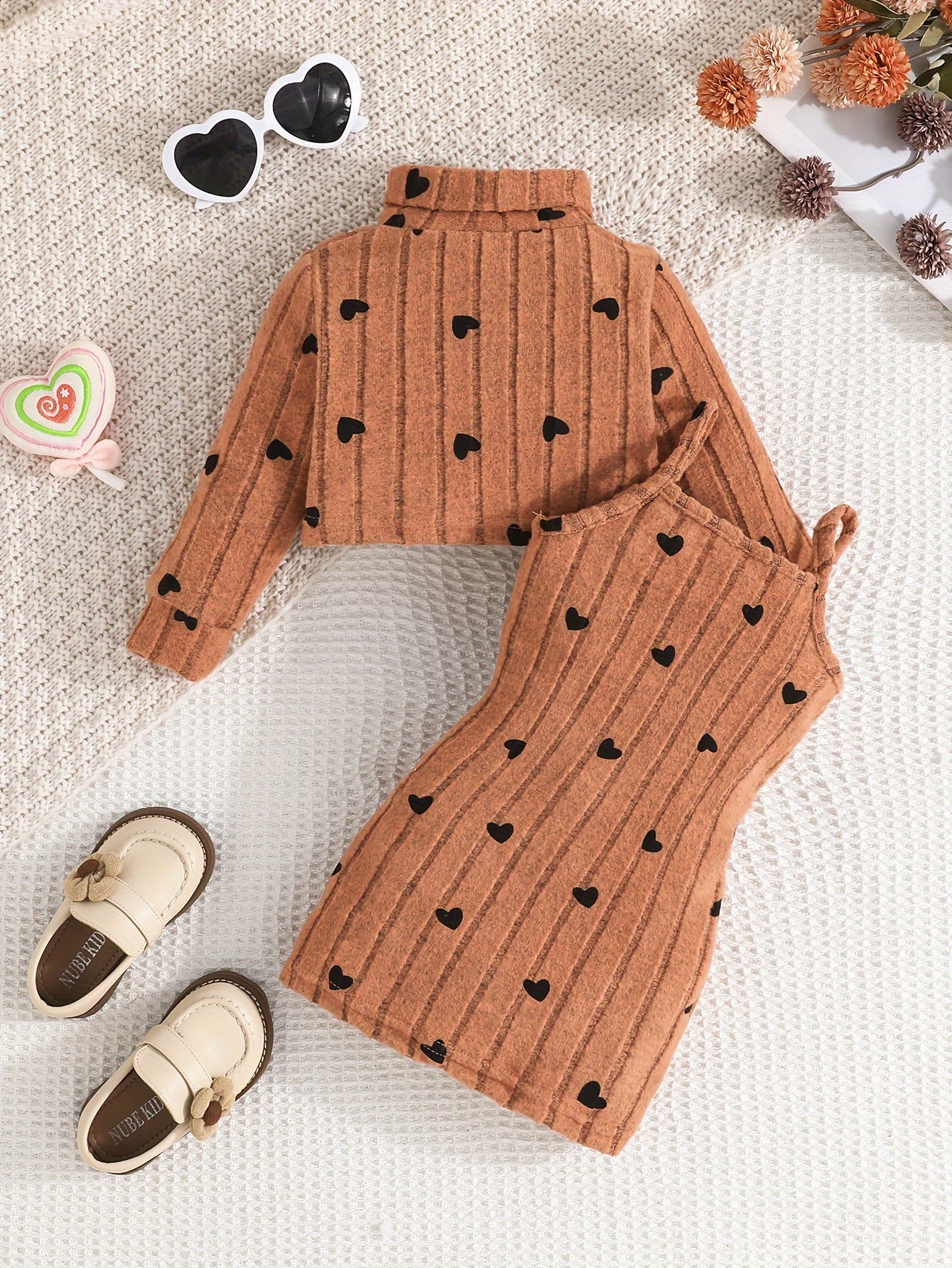 Baby Girl Outfit Set Rib Knit Dress with Geometric Pattern Long Sleeve Top and Slim Fit Camisole Dress for Spring Fall