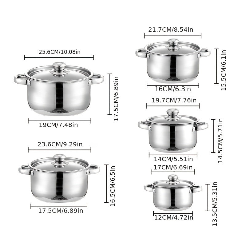 Set of 10 Stainless Steel Soup Pots with Gold Handles, Durable Cookware