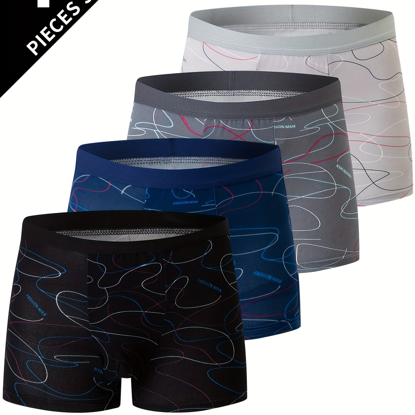 Men's Polyester Underwear with Geometric Pattern Slight Stretch Knit Fabric 115g/m² Set of 4