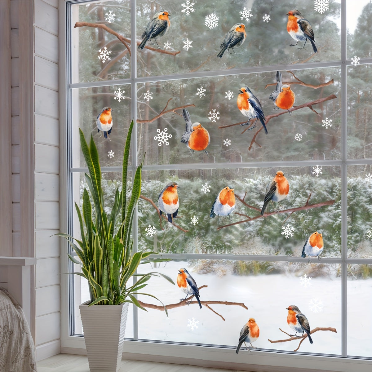 Large Snowflake Branch Birds Window Clings Set of 4 Electrostatic Stickers for Glass Winter Holiday Decorations