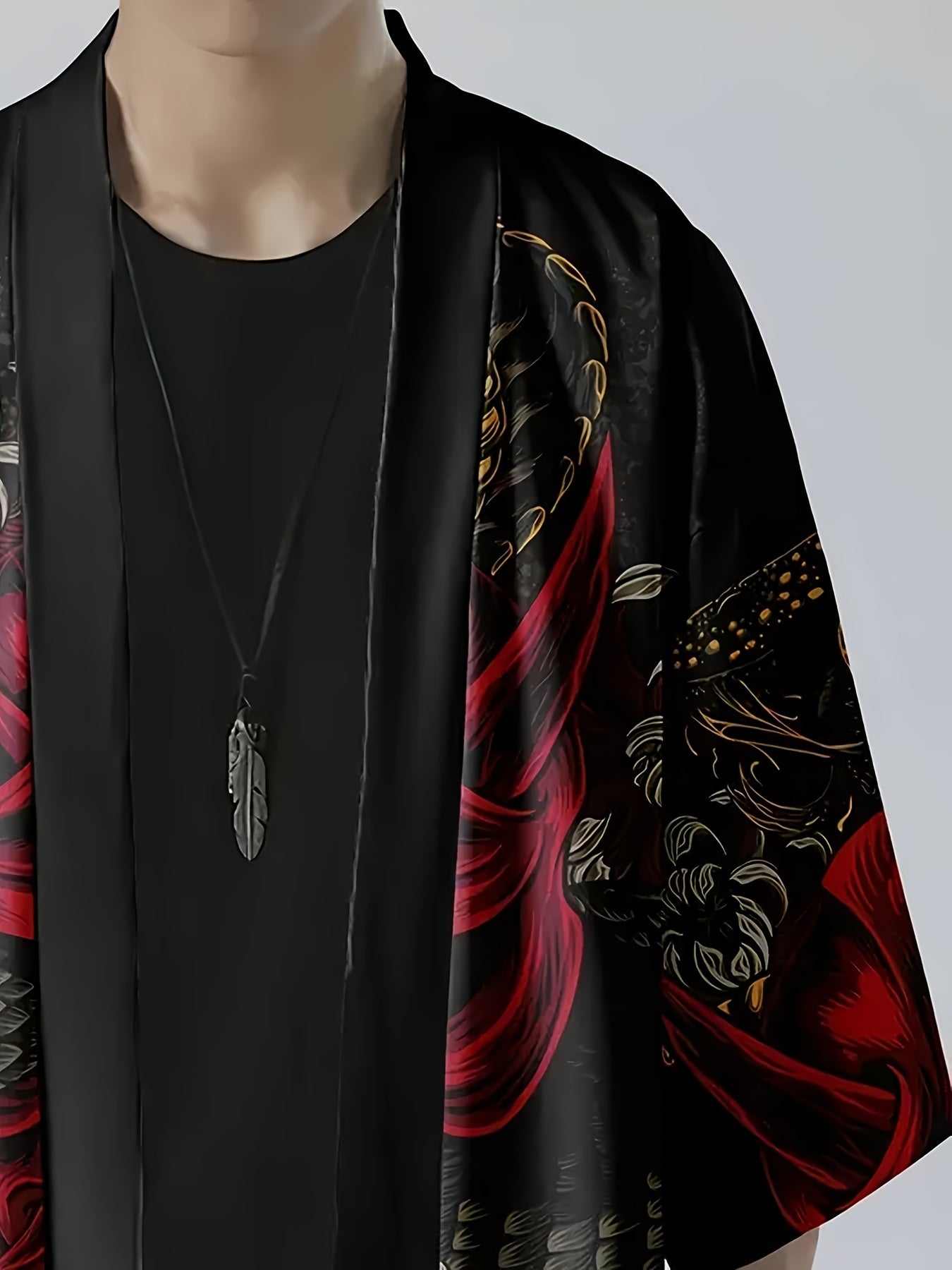Men's Japanese Kimono Shirt Summer Streetwear Ghost Snake Pattern Three-Quarter Sleeves Open Placket